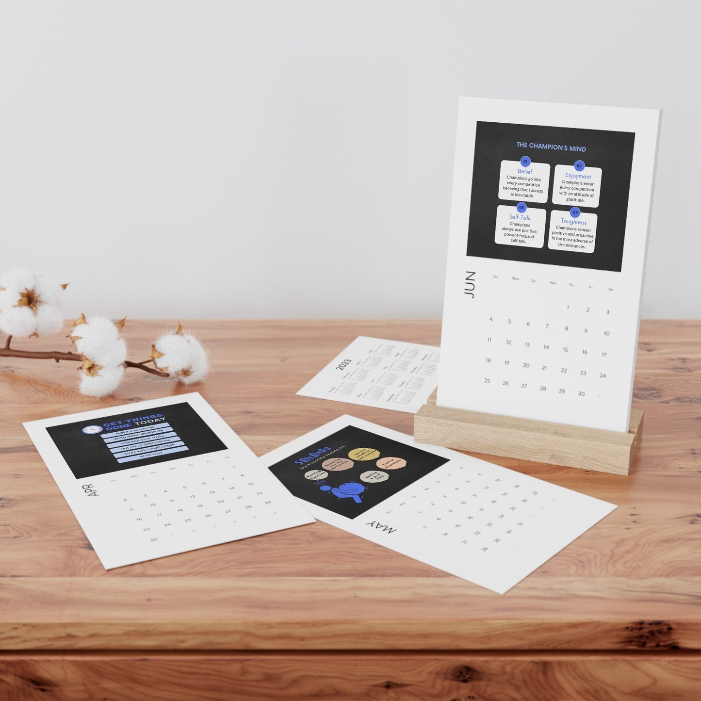 Vertical Desk Calendar (2023) with Wooden Stand | Office Desk Accessories | Productivity Calendar