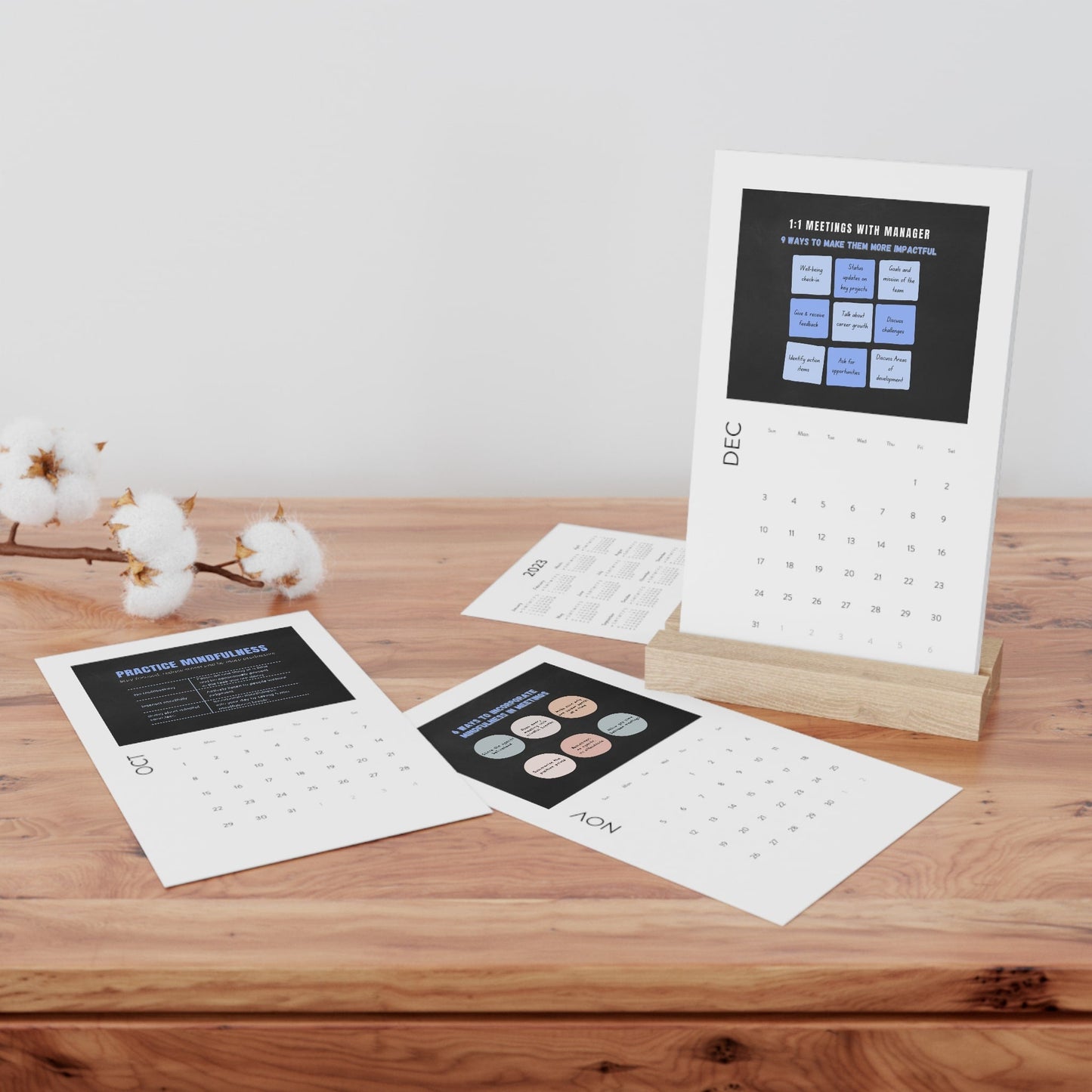 Vertical Desk Calendar (2023) with Wooden Stand | Office Desk Accessories | Productivity Calendar